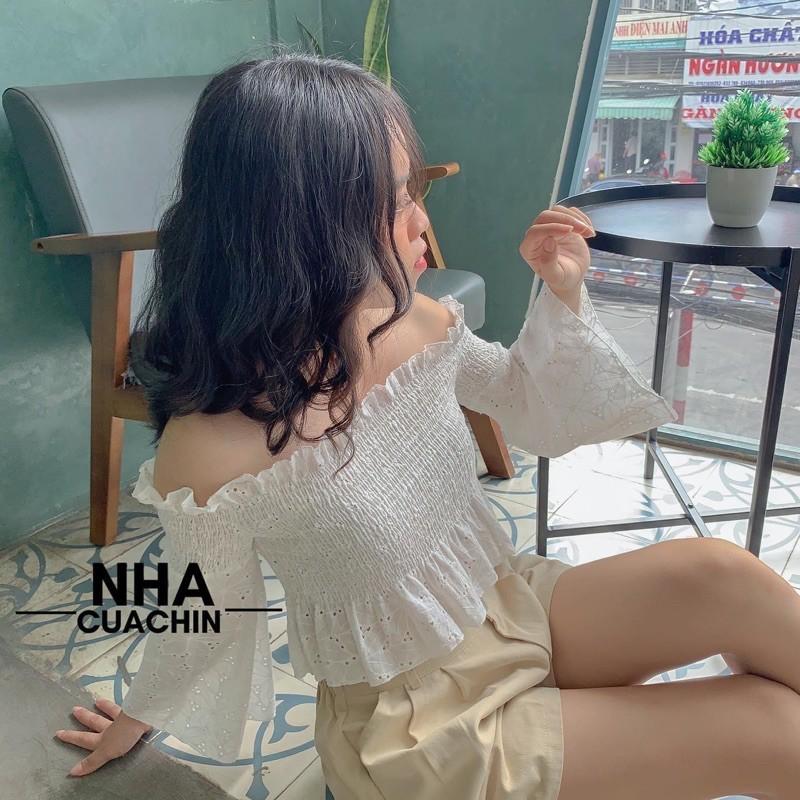 Áo trễ vai ren trắng