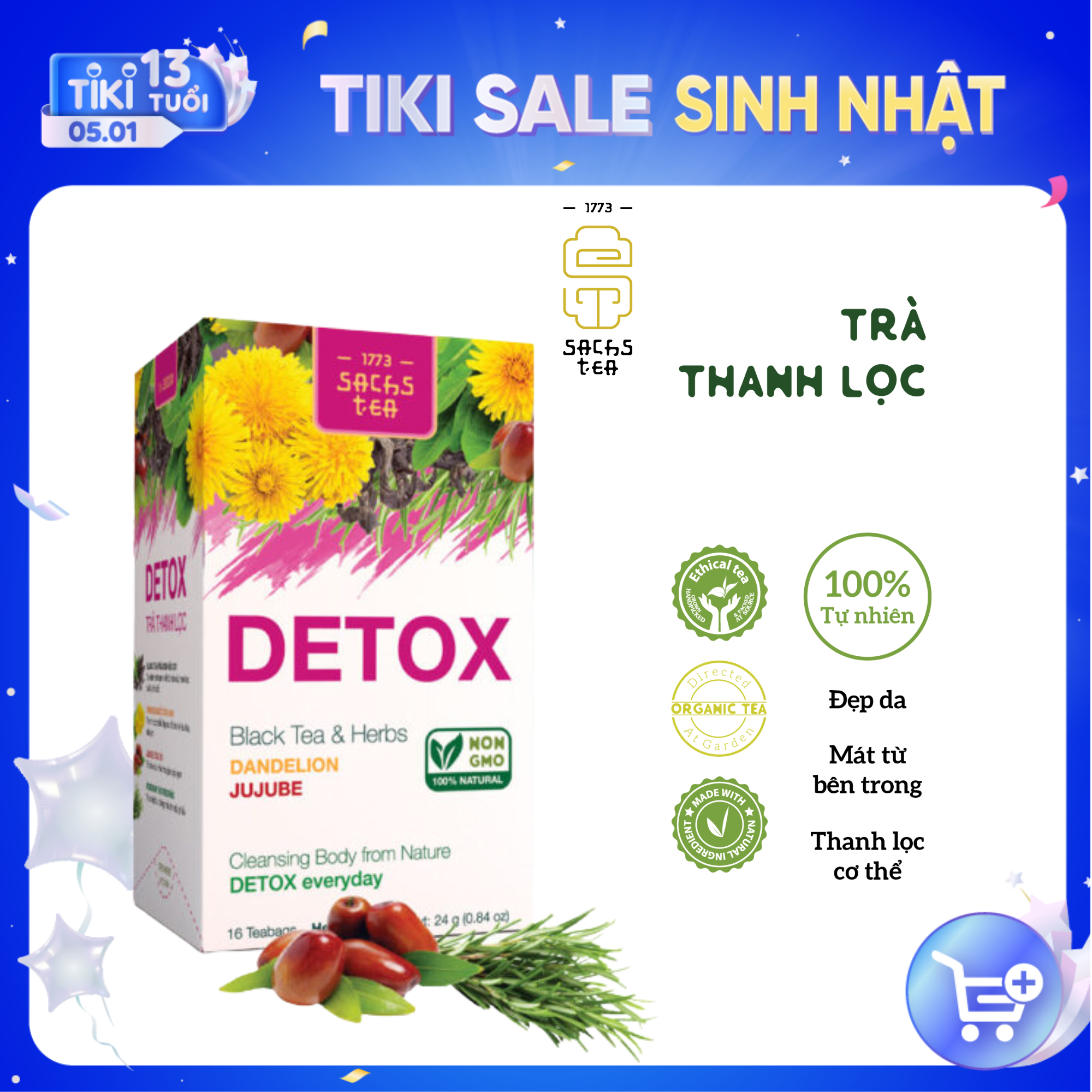 Trà Detox thanh lọc | Gồm thảo dược quý Hồng trà, Táo đỏ, Bồ công anh, Ngưu bàng, Thảo quả, Kim Ngân hoa | Hộp 16 túi lọc lớn chất liệu nhập khẩu Nhật Bản