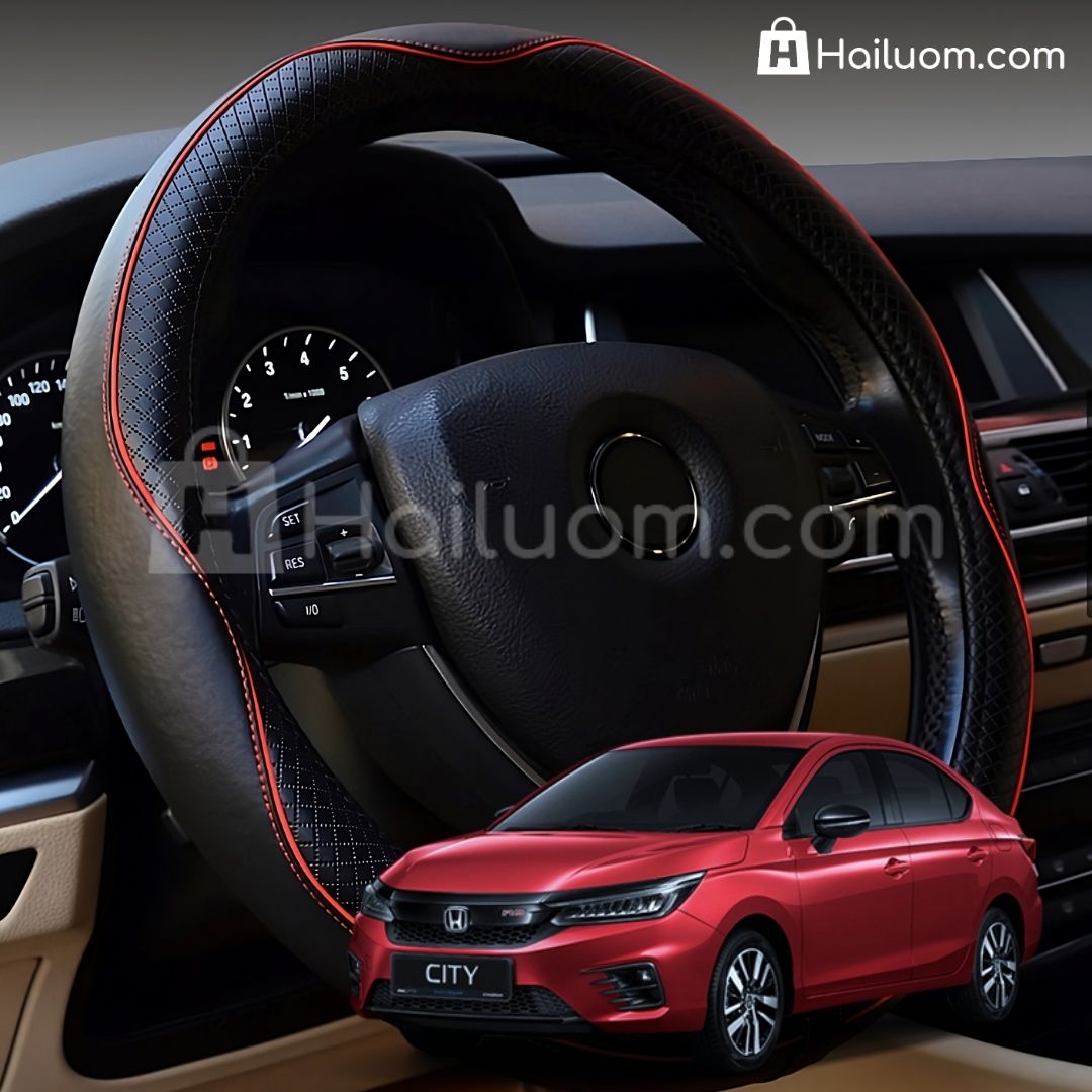 Bọc Vô Lăng ô tô cho HONDA CITY Da Thật Cao Cấp - Màu Đen Chỉ Đỏ