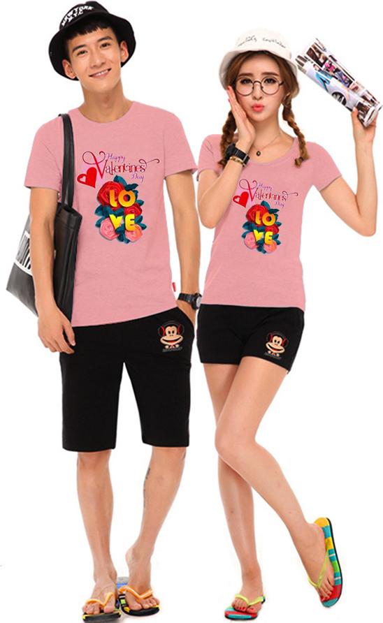 Bộ Áo Thun Đôi Nam Nữ Happy Valentine Day Màu Hồng Ruốc - L - XXL