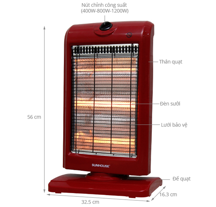 Sưởi Điện 3 Bóng Halogen Sunhouse Shd7016 - Đỏ Đen - Hàng Chính Hãng