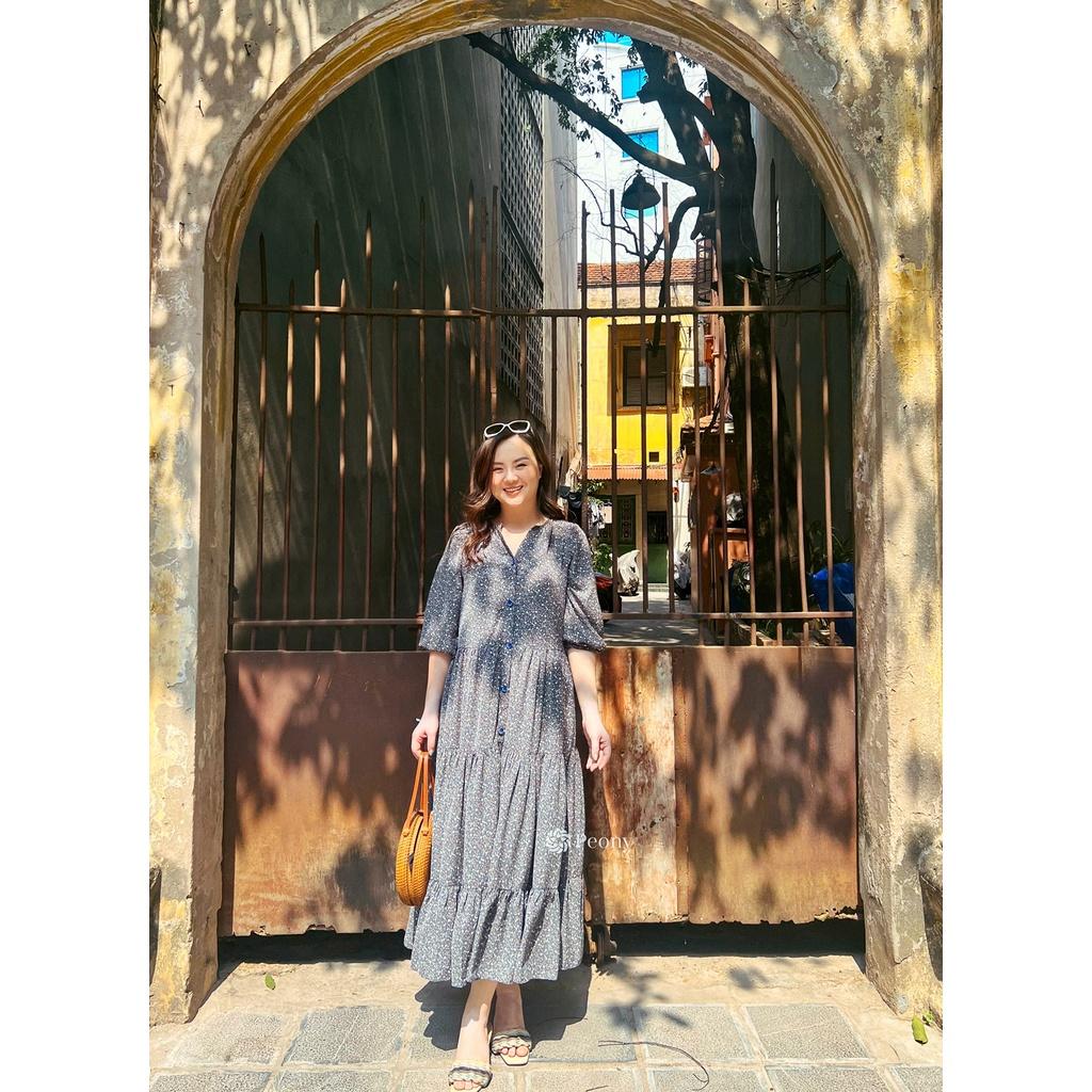 Váy suông, 3 tầng hoa nhí vintage, tay lỡ thoải mái, có dây buộc sau tạo eo, chất liệu lụa cao cấp Peony - STELLA DRESS