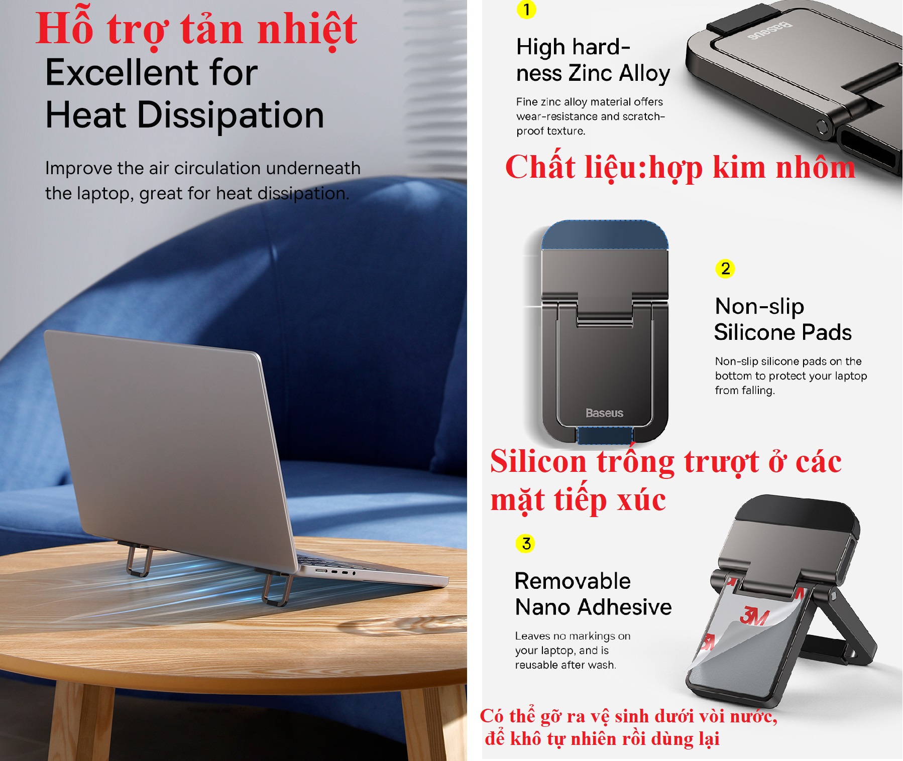 Đế nâng laptop hỗ trợ tản nhiệt dạng xếp dán thân máy Baseus SLIM KICKSTAND - Hàng chính hãng