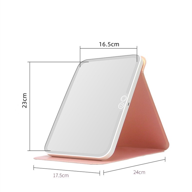 Gương trang điểm gấp gọn có đèn LED, gương cầm tay PU mirror, face, eyelash, brow, gương du lịch di động có pin sạc usb