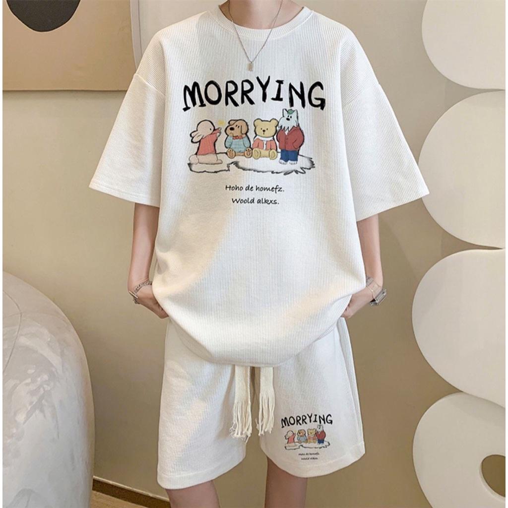 Bộ quần áo xốp MORRYING nam nữ cộc tay chất cotton xốp thái mềm mịn thoáng mát mặc nhà đi chơi phong cách hot 2023