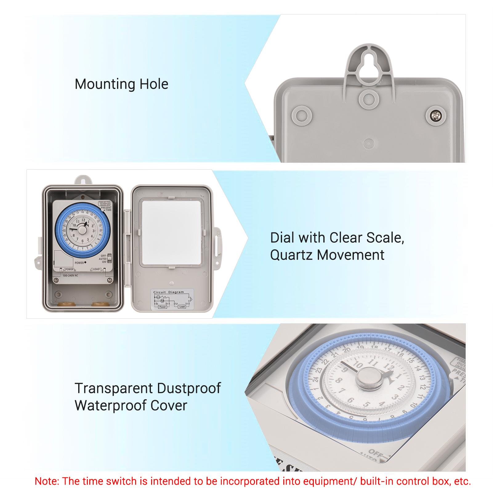 Mechanical 24 Hours Timer Switch IP53 Rating Programmable Electrical Timer Switch Box AC 100-240V 15 Minutes Interval 96 Times ON/ OFF with Mounting Hole Dustproof Waterproof Cover