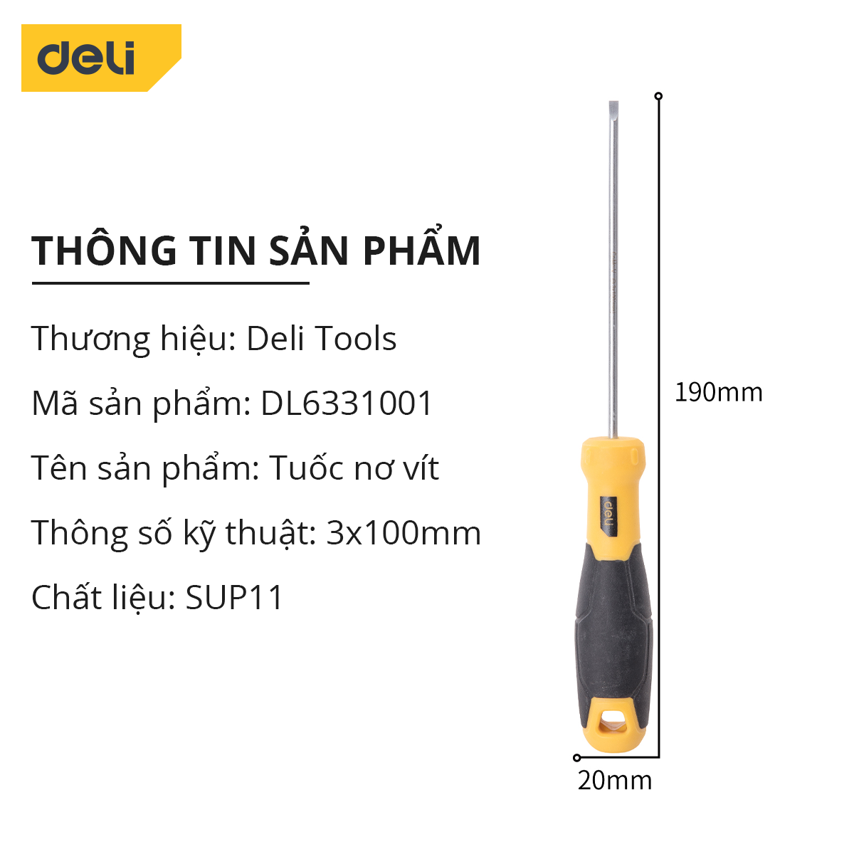 Tua Vít 2 Cạnh Deli Cao Cấp - Đầu Vít Từ Tính Dễ Dàng Sử Dụng - Kích Thước 3*100mm Thép Cr-V Mạ Crom