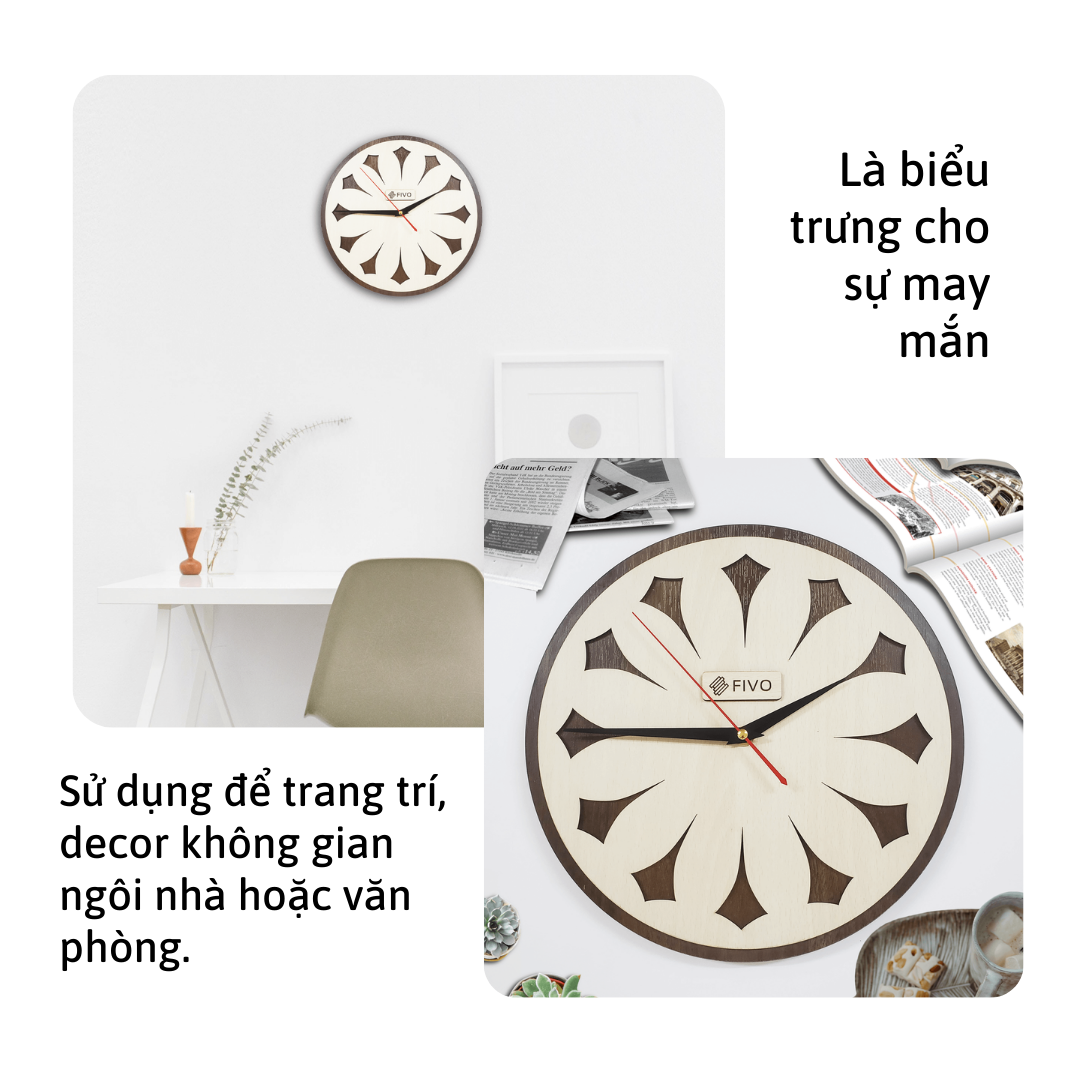 Đồng Hồ Treo Tường Gỗ Đẹp Decor Trang Trí, Hiện Đại Thương Hiệu FIVO Mẫu FW11 Hoạ Tiết Hình Thoi Cách Điệu Độc Đáo