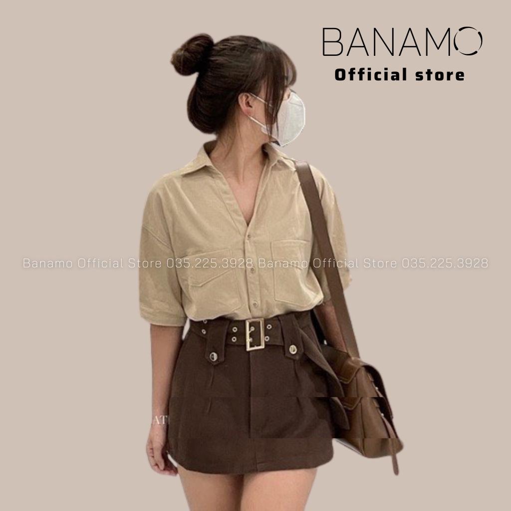 Sét bộ đồ nữ váy jean kèm đai và áo sơ mi cổ V cực xinh thời trang Banamo Fashion sét bộ nữ 1912