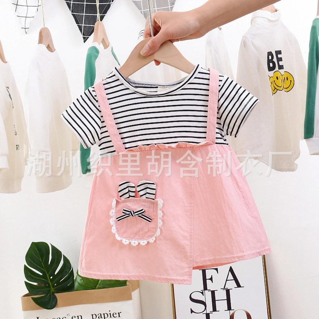 Váy Bé Gái Cotton Ngắn Tay , giả Yếm Sọc Hình Mèo