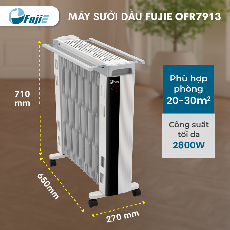 Máy sưởi dầu điều khiển từ xa FujiE OFR7913,13 thanh sưởi phòng 30m2 tự ngắt an toàn, bảng điện tử điều chỉnh nhiệt độ - Hàng chính hãng