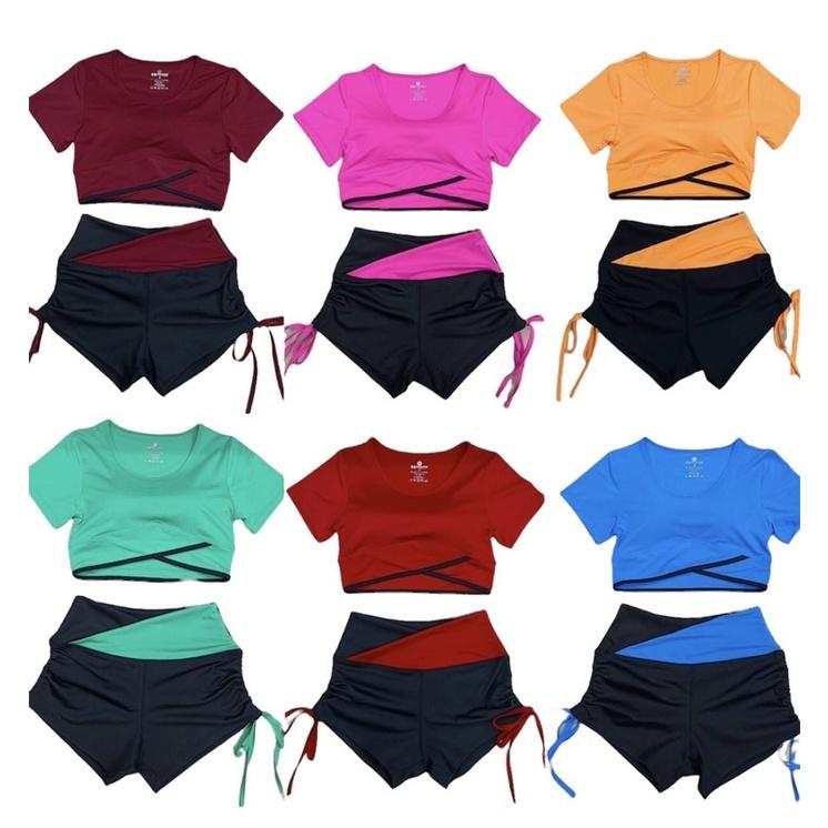 Set bộ đồ tập áo croptop vạt chéo quần đùi rút dây cạp V phối màu tạp gym,yoga,nhảy Zumba, aerobic,đi bơi đi biển nữ