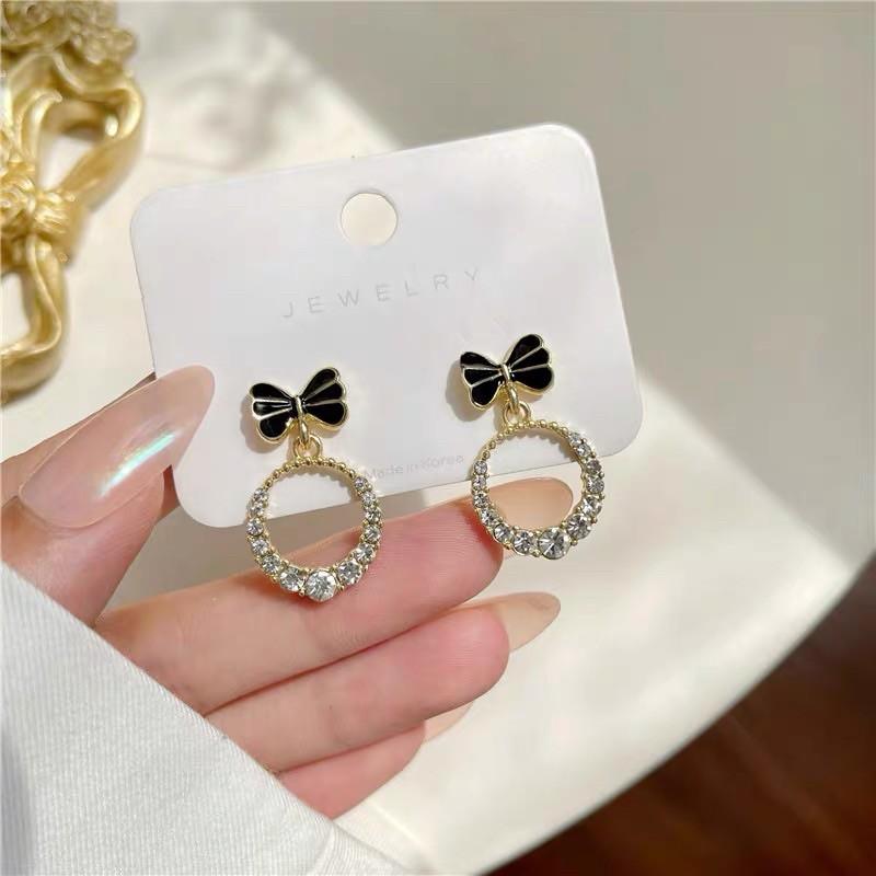 Bông Tai Khuyên Tai Nữ Hàn Quốc Thiết Kế Đi Làm Công Sở Chơi Dự Tiệc Mạ Vàng Đẹp Xinh Dễ Thương Nơ Đen