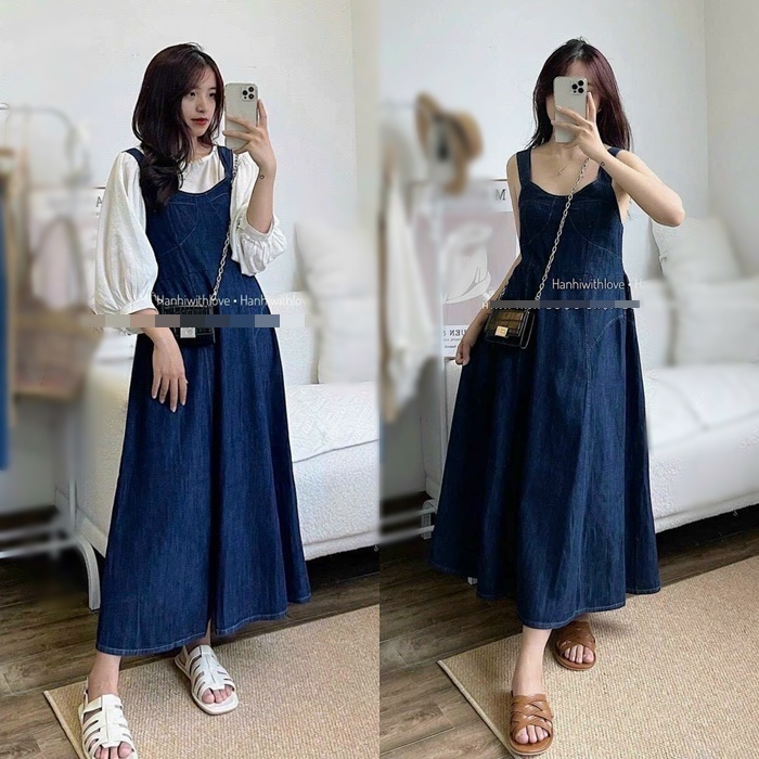 SET ĐẦM MIDI YẾM SUÔNG TRƠN DÀI 2 DÂY XÒE CỔ U JEANS DENIM MAXI + ÁO SƠ MI RỘNG NGẮN TAY DẠO PHỐ ĐI CHƠI ĐI BIỂN ĐI TIỆC