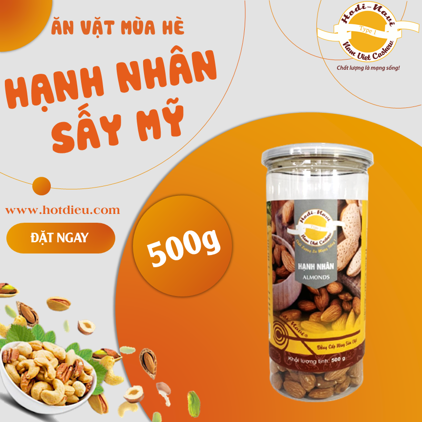 Hạt hạnh nhân sấy Hodi - NaVi - Hũ 500g, hạt dinh dưỡng ăn ngay hoặc làm sữa hạt, làm quà tặng