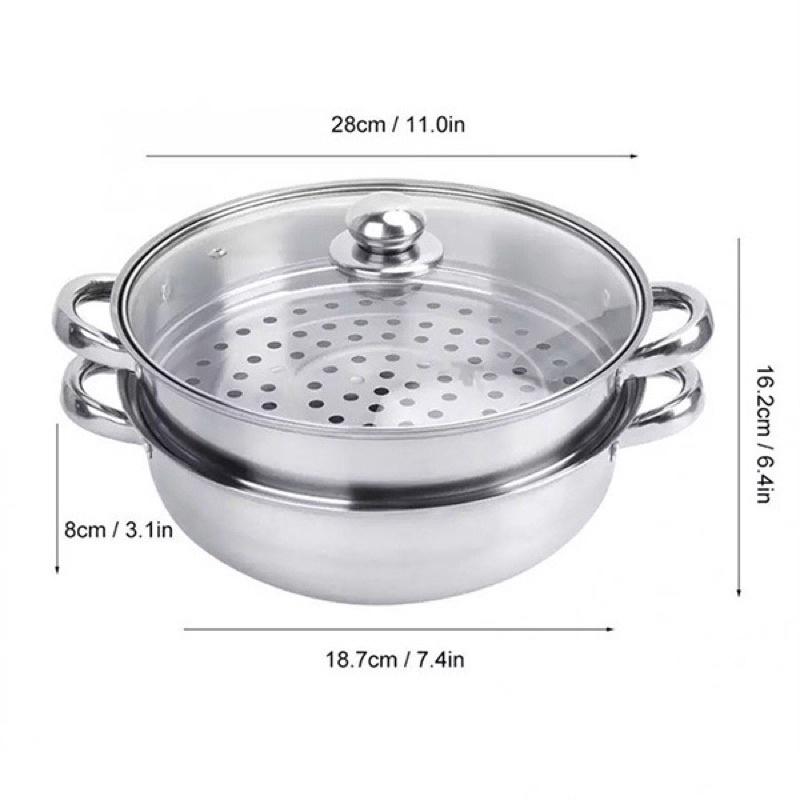 Nồi hấp 2 tầng đa năng đường kính 28cm, Bộ xửng hấp inox 28cm đa năng 2 tầng cao cấp nắp kính