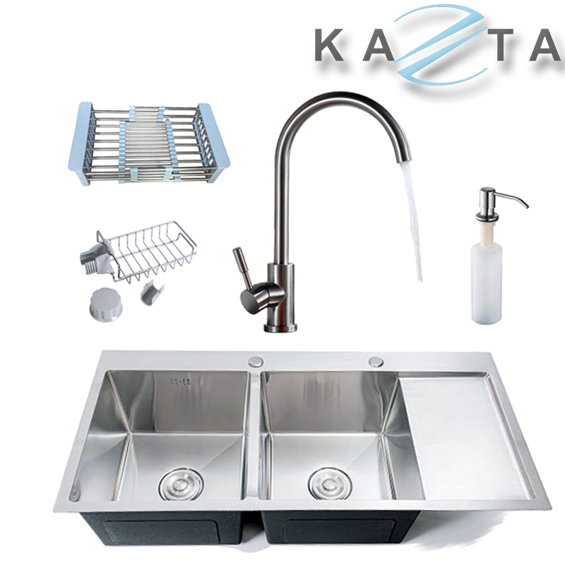 Combo chậu rửa bát inox tiện lợi KAZTA KZ-CB10048AV kèm vòi chén nóng lạnh, bình nhả xà bông, kệ gia vị treo tường