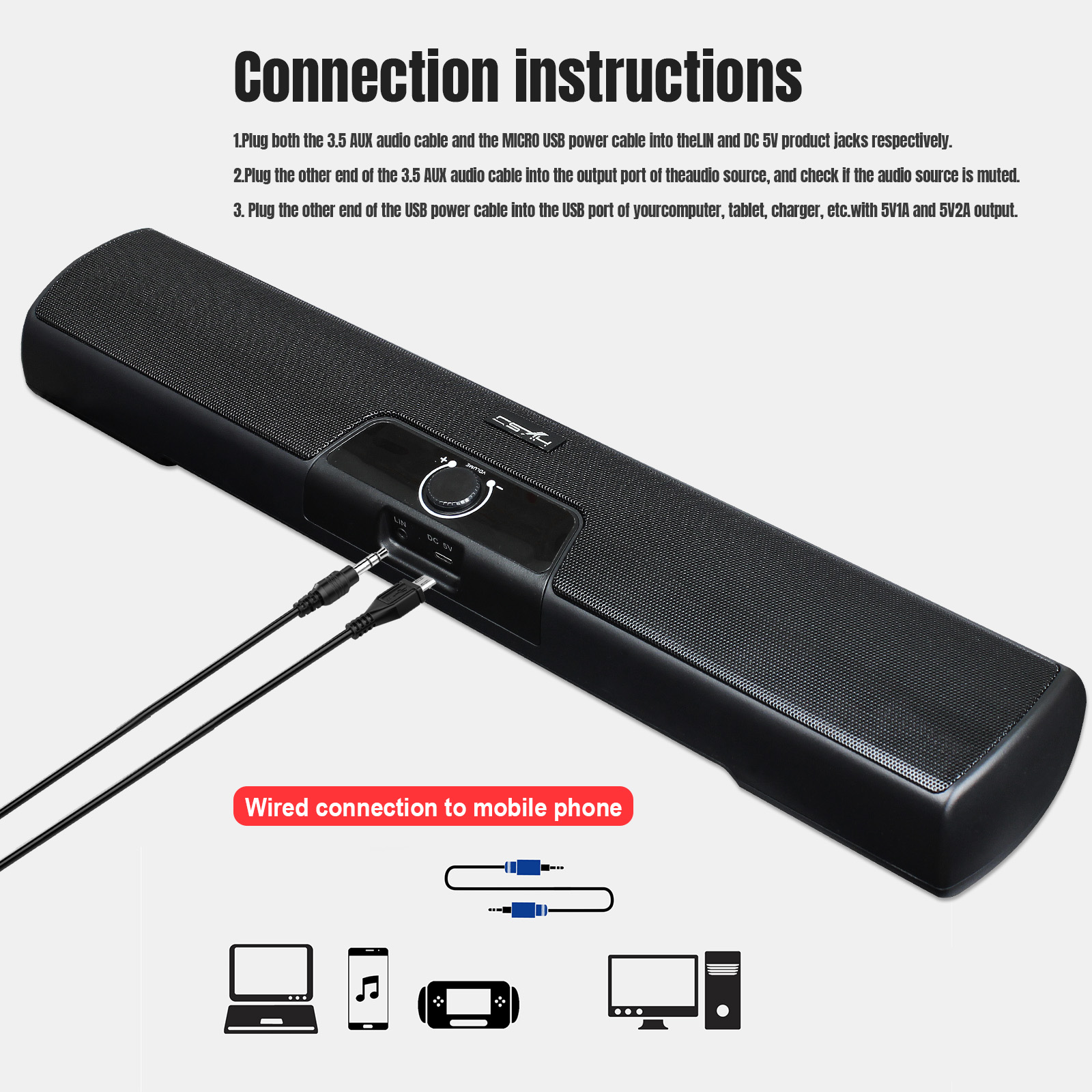 HXSJ Q3 3.5mm Wired Computer Speaker 10W Soundbar Home Theater PC Sound Bar Volume Control USB Powered for TV Laptop