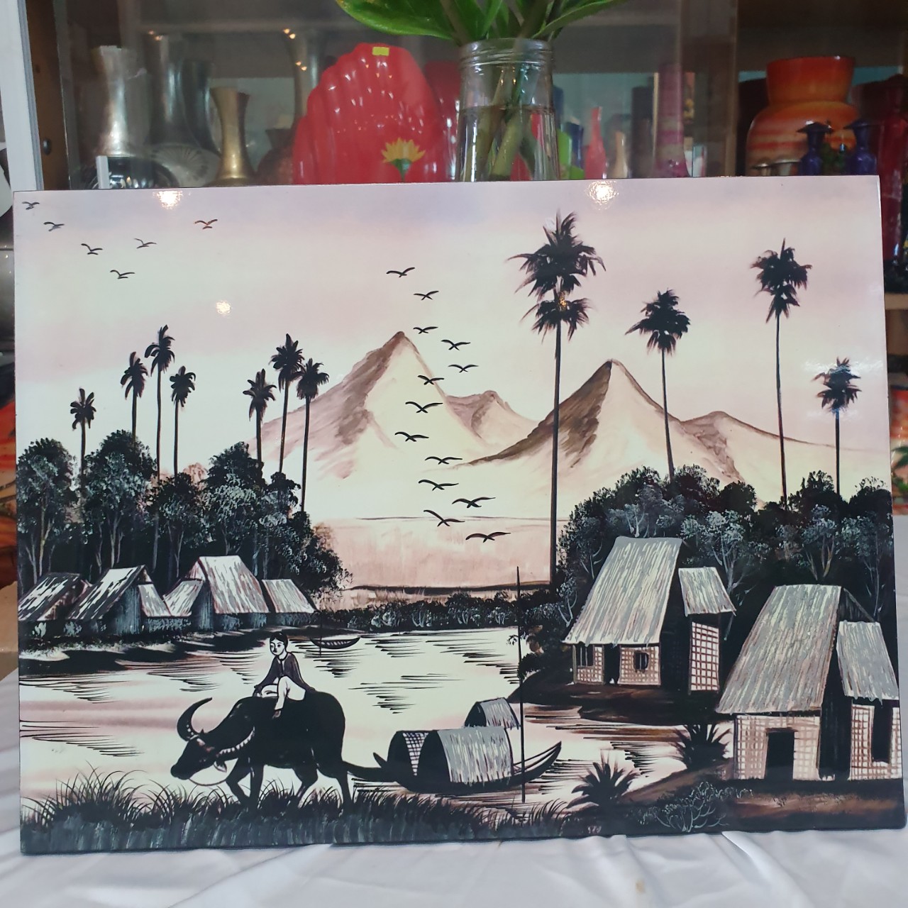 Tranh sơn mài đồng quê vẽ màu đẹp Thanh Bình Lê, hàng xuất khẩu 30x40 cm