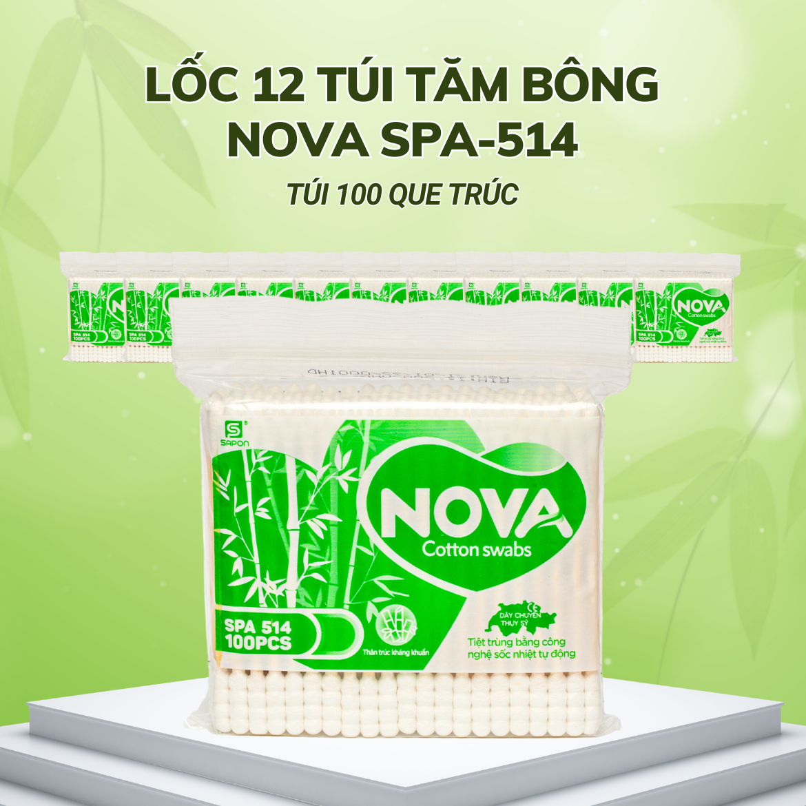 Lốc 12 túi Tăm bông SAPON Nova người lớn thân trúc túi 100 que SPA-514