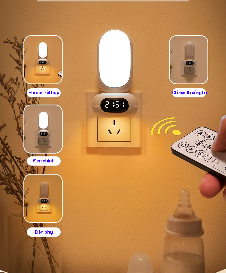 Đèn ngủ điều khiển từ xa bảo vệ mắt với 3 chế độ sáng, điều chỉnh độ sáng 10 cấp độ, tích hợp đồng hồ xem giờ