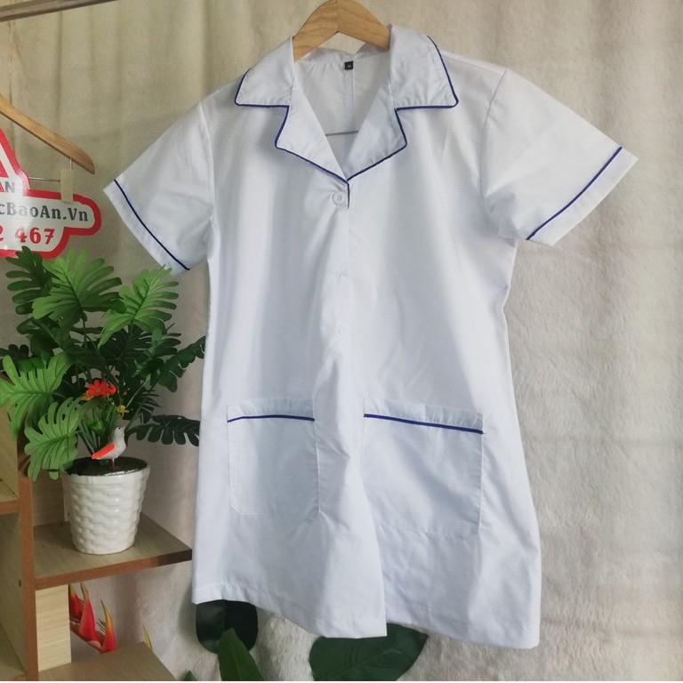 Áo Blouse Trắng Dược Sĩ, Y Tá, Nhà Thuốc Ngắn Tay Viền Lé Bích Cao Cấp