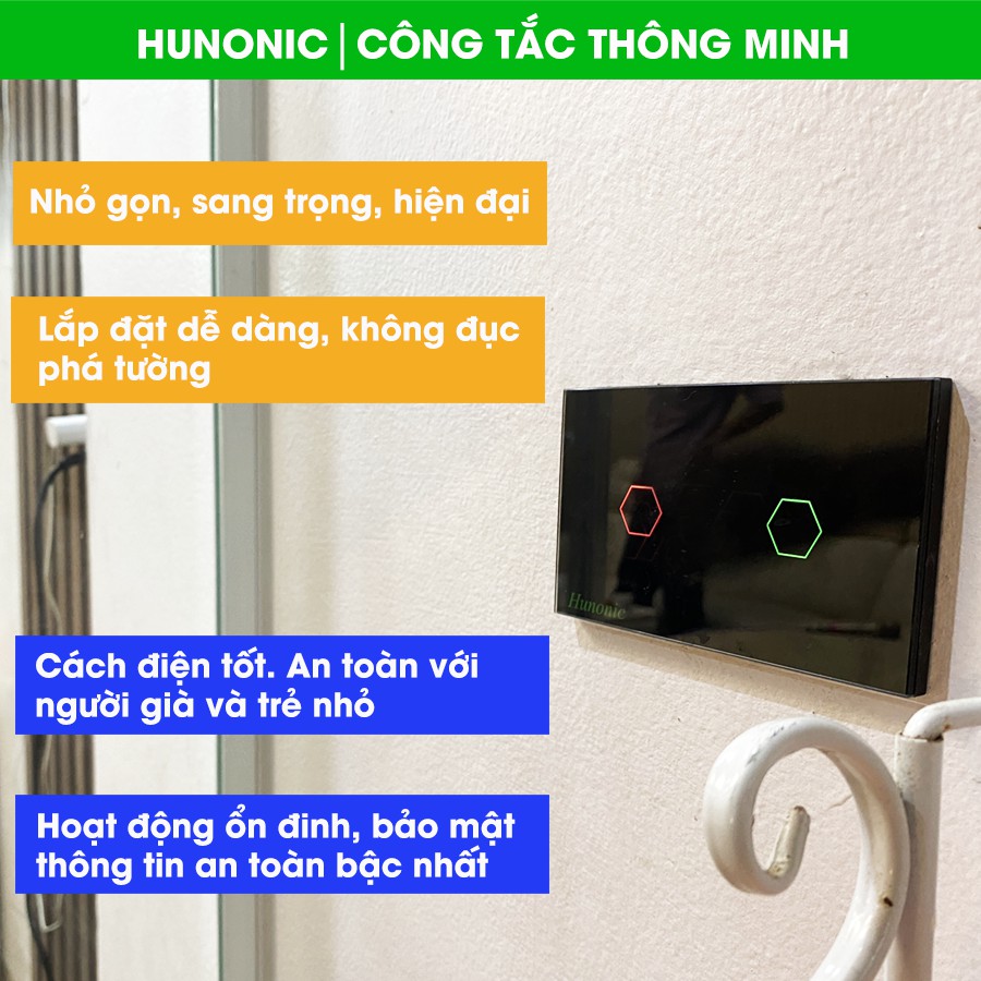 Công tắc thông minh Hunonic 2 nút hỗ trợ Google Assistant . Công tắc cảm ứng WIFI kính cường lực- Công tắc điện 2 màu đen trắng | Hàng Việt Nam Chất Lượng Cao- BH 12 tháng