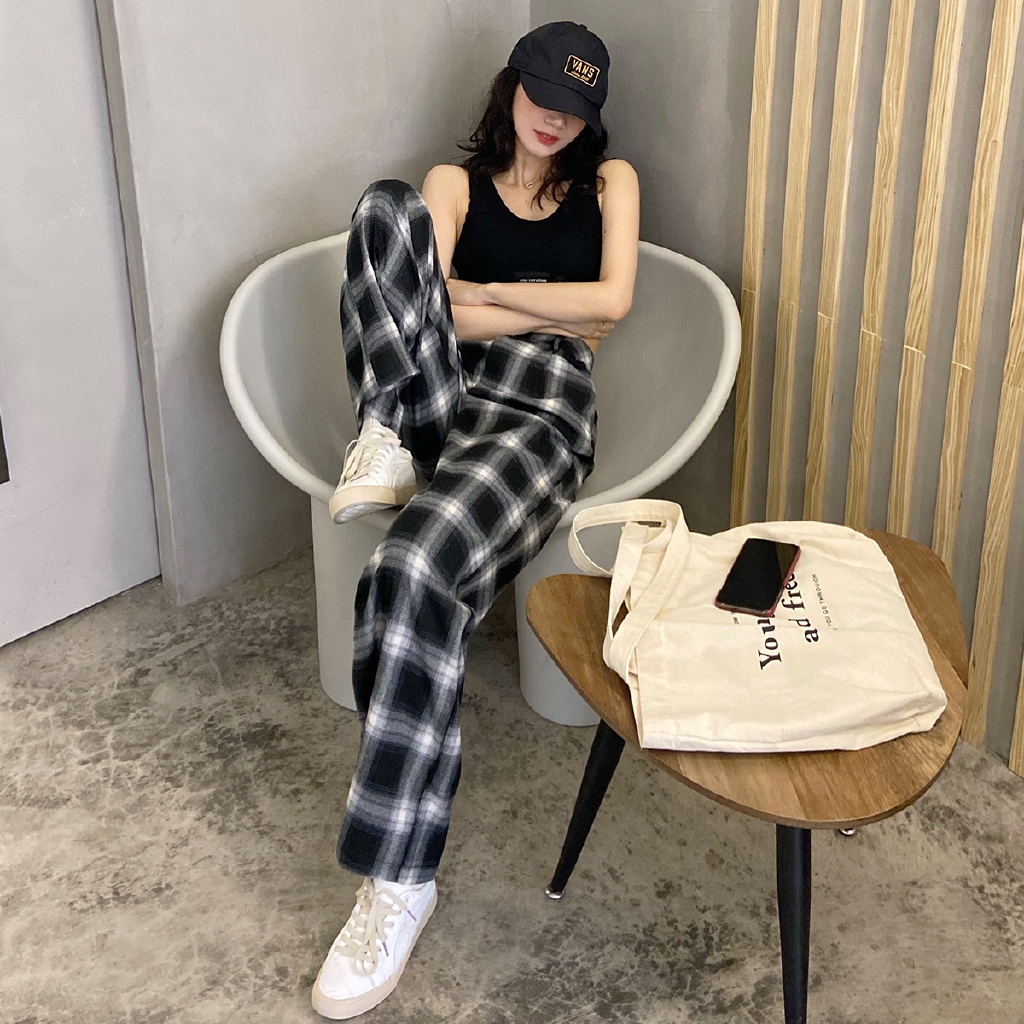 Quần Dài Ống Rộng Họa Tiết Sọc Caro Thời Trang Cho Nữ