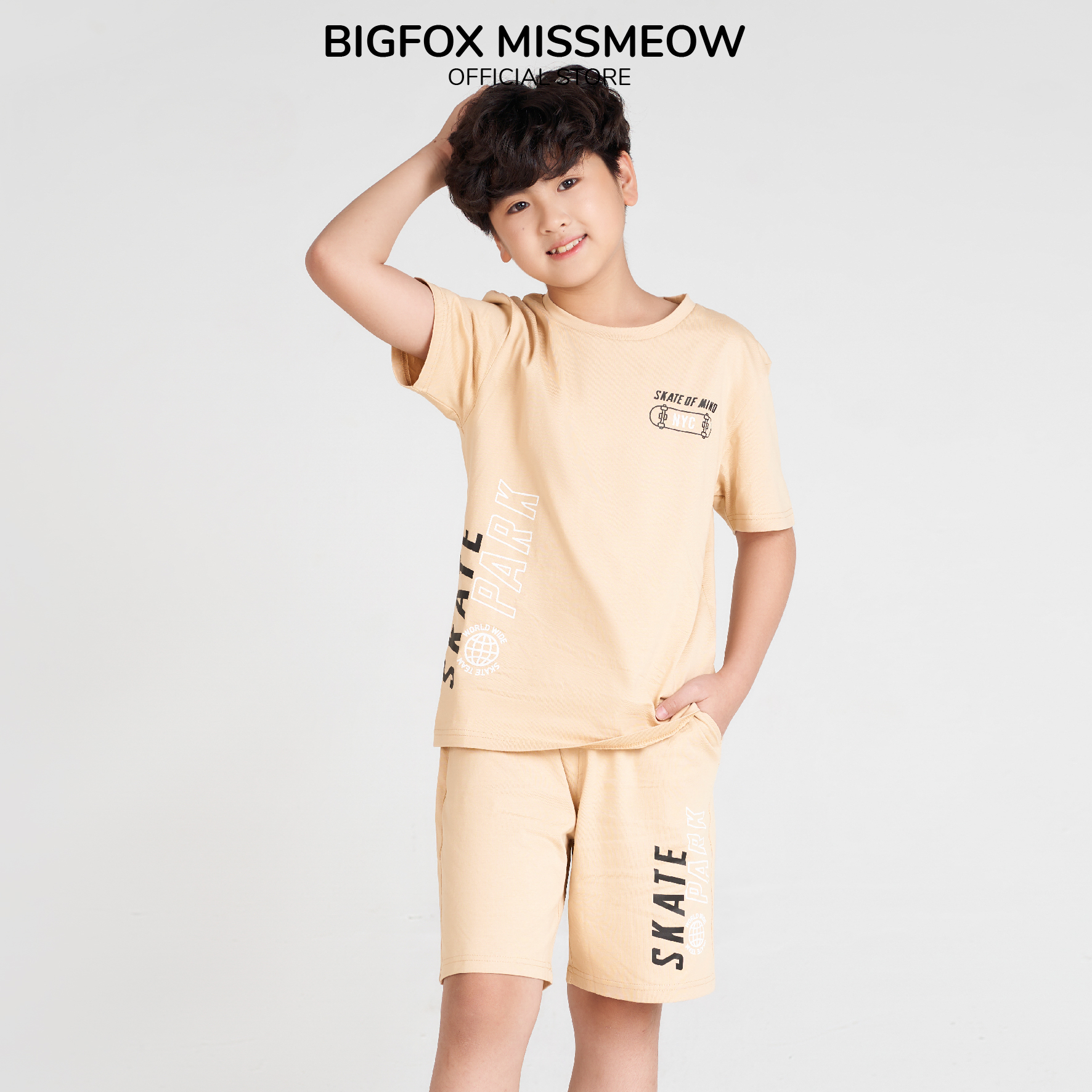 Bộ thun cho bé trai Bigfox Miss Meow size đại mặc hè dáng cộc tay xuất Hàn chất cotton in Skate cỡ 12,13,14,15 40kg 50kg 1934