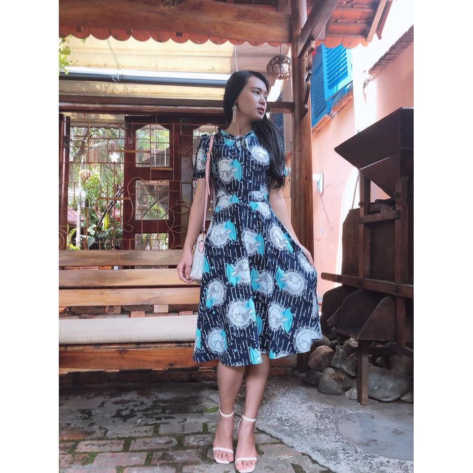 Đầm xòe cổ nhún bèo cột nơ trẻ trung