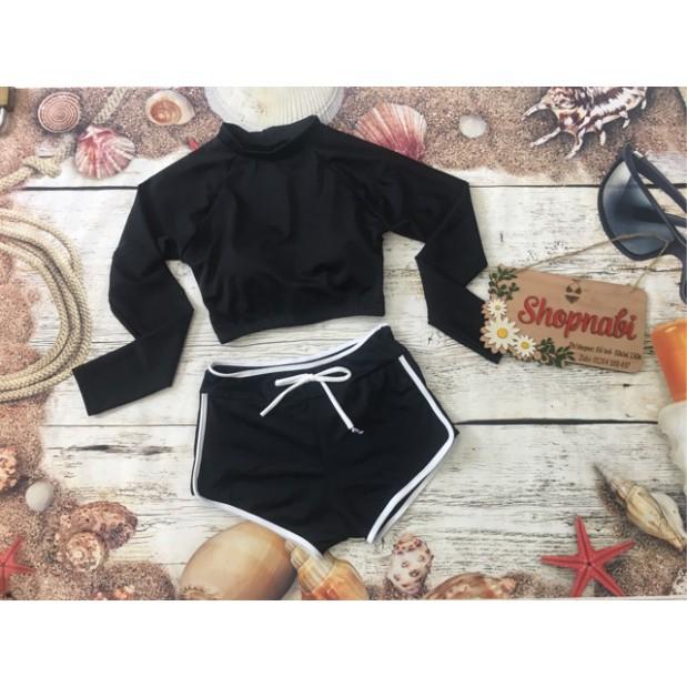CÓ SIZE Đồ bơi bikini tay dài croptop đen trơn, quần short hoặc