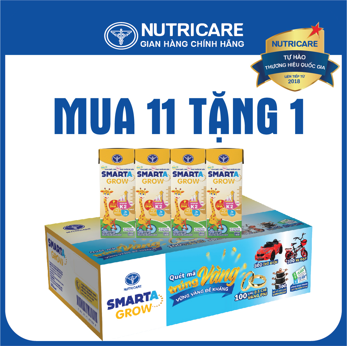 [Mua 11 lốc tặng 1] Sữa nước Nutricare Smarta Grow cho trẻ thấp còi (180ml)