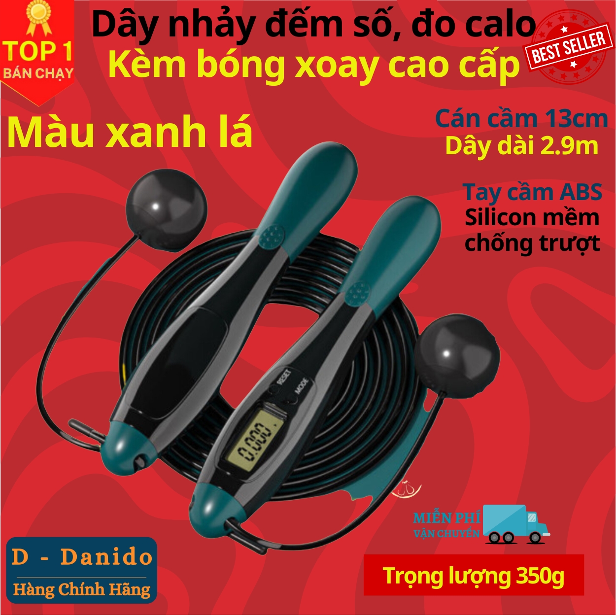 Dây Nhảy Đếm Số, Đo Calo, Khoảng Cách Chính Hãng Kèm Bóng Xoay Cho Người Mới Bắt Đầu Tập, Hàng cao cấp D Danido