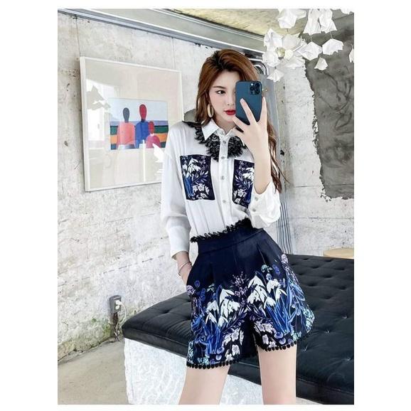 HÀNG NHẬP - SÉT BỘ SHORT ÁO CỔ SƠ MI PHỐI REN QUẦN HOA