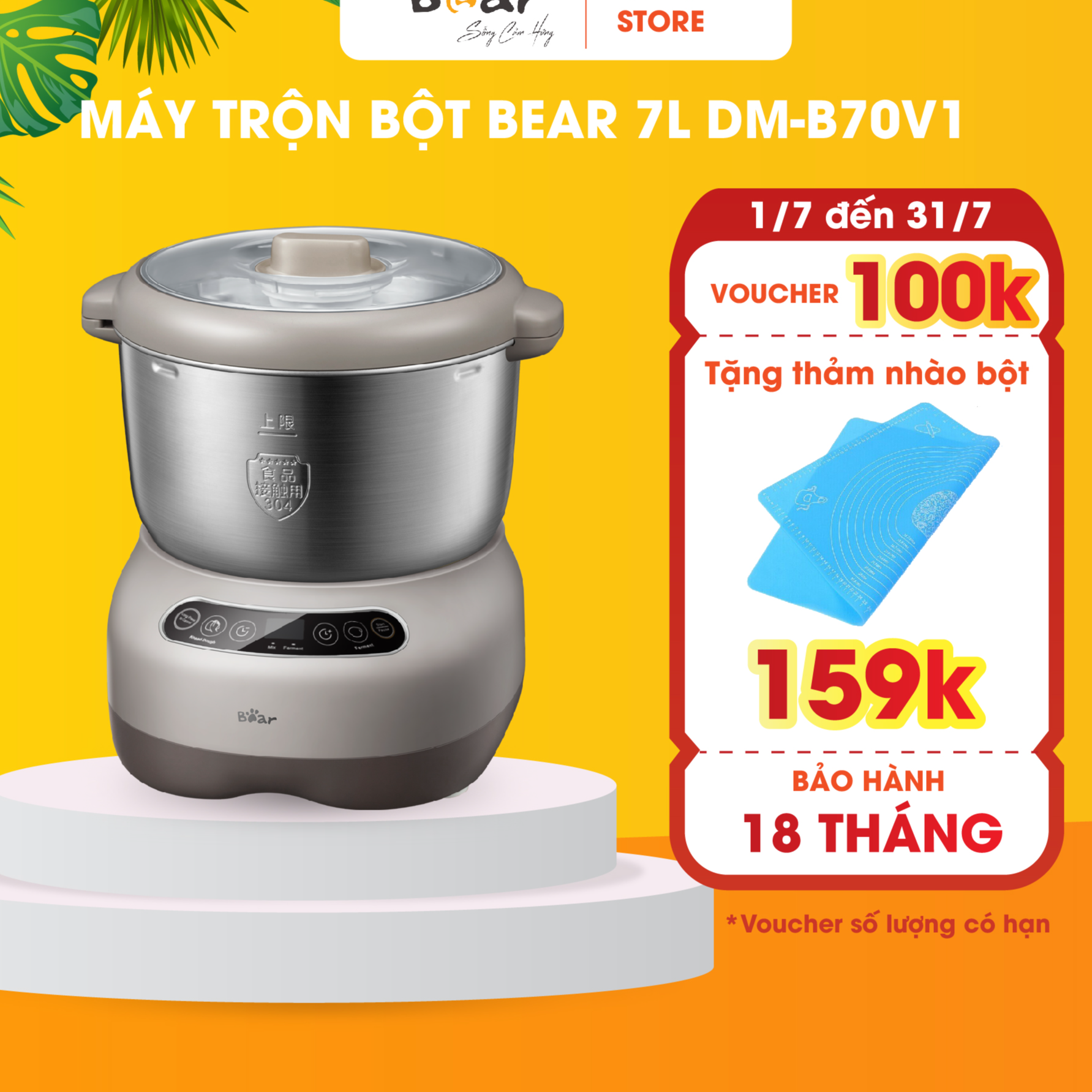 Máy Nhào Bột tự động 7L cao cấp Bear HMJ-A70C1 Hàng chính hãng