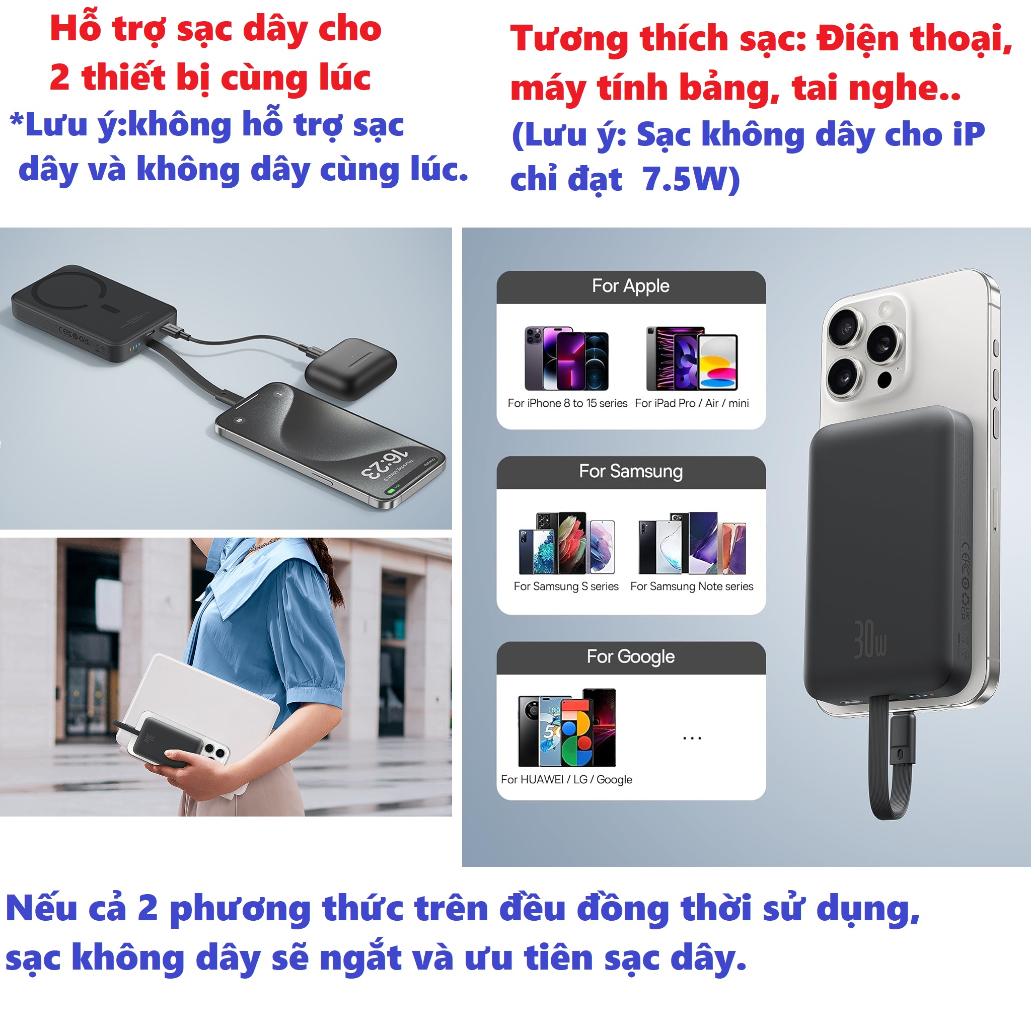 Pin dự phòng không dây nam châm tích hợp cáp C / ip hỗ trợ sạc nhanh Baseus PPCXM10T_ Hàng chính hãng