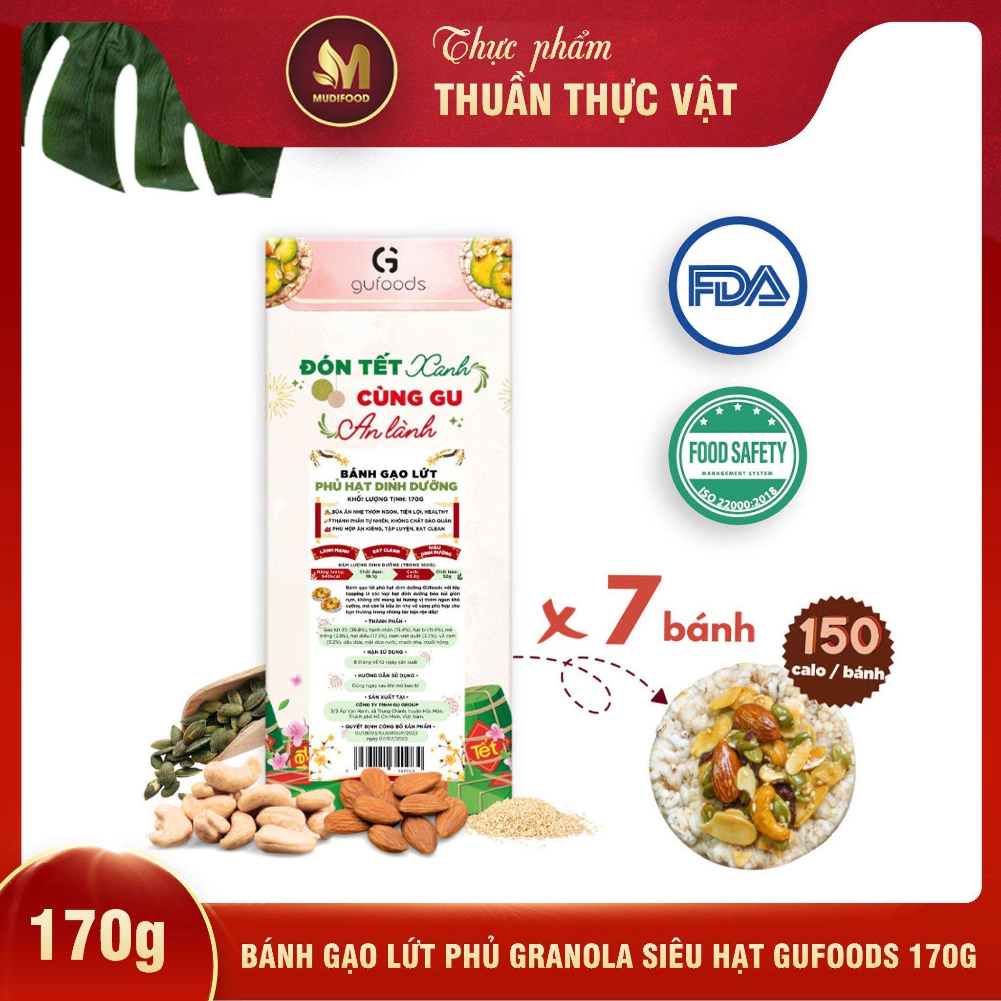 Bánh Gạo Lứt Phủ Granola Siêu Hạt Gufoods Hộp 170g - Thực Phẩm Bổ Sung Dinh Dưỡng Cho Mẹ Bầu, Sau Sinh, Người Ăn Chay, Ăn Kiêng, Giảm Cân, Eat Clean, Hàm Lượng Giàu Protein Và Chất Xơ