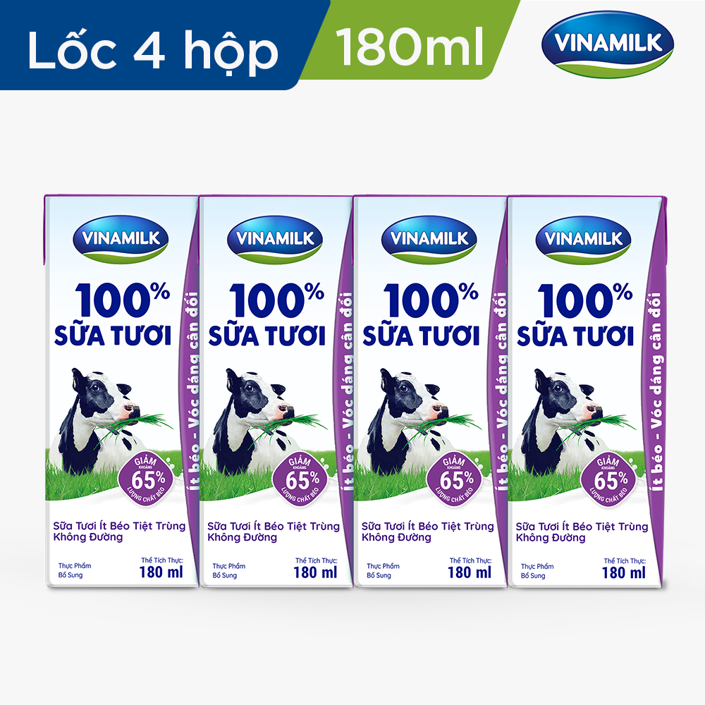 COMBO 6 LỐC SỮA TƯƠI TIỆT TRÙNG VINAMILK 100% TÁCH BÉO KHÔNG ĐƯỜNG - LỐC 4 HỘP X 180ML