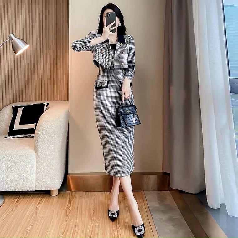 FRESHIP Sét váy đầm nữ hai dây caro giả túi mix áo khoác tay dài cùng tông thanh lịch sang chảnh KIMGIA DS