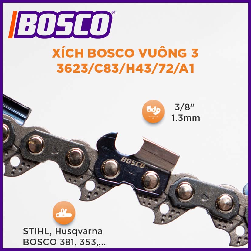 XÍCH  MÁY CƯA  IBOSCO VUÔNG 3 3623/C83/H43/72/A1: 3/8&quot;-1.3mm bản cũ B-CSC38R-3c