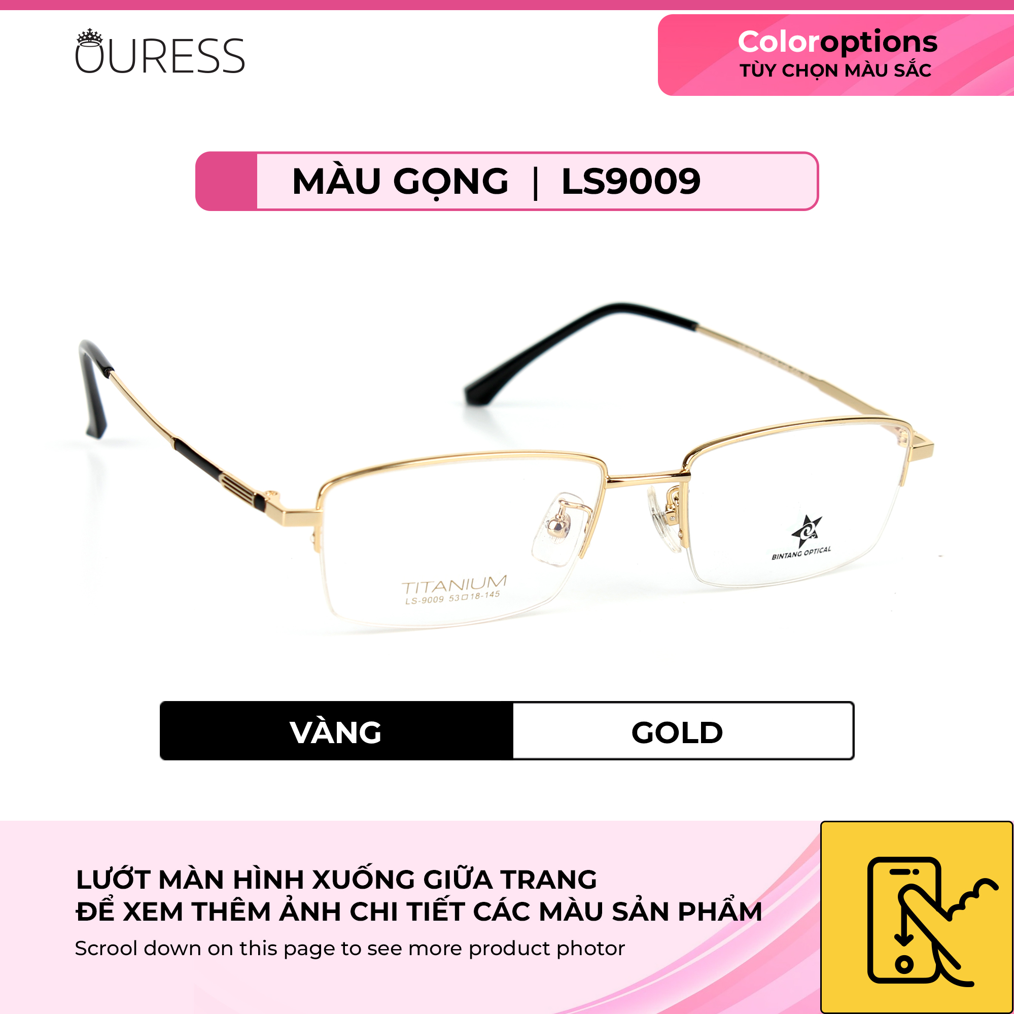 Gọng kính titanium LS9009 nửa khung thời trang nam cao cấp siêu nhẹ siêu bền OURESS