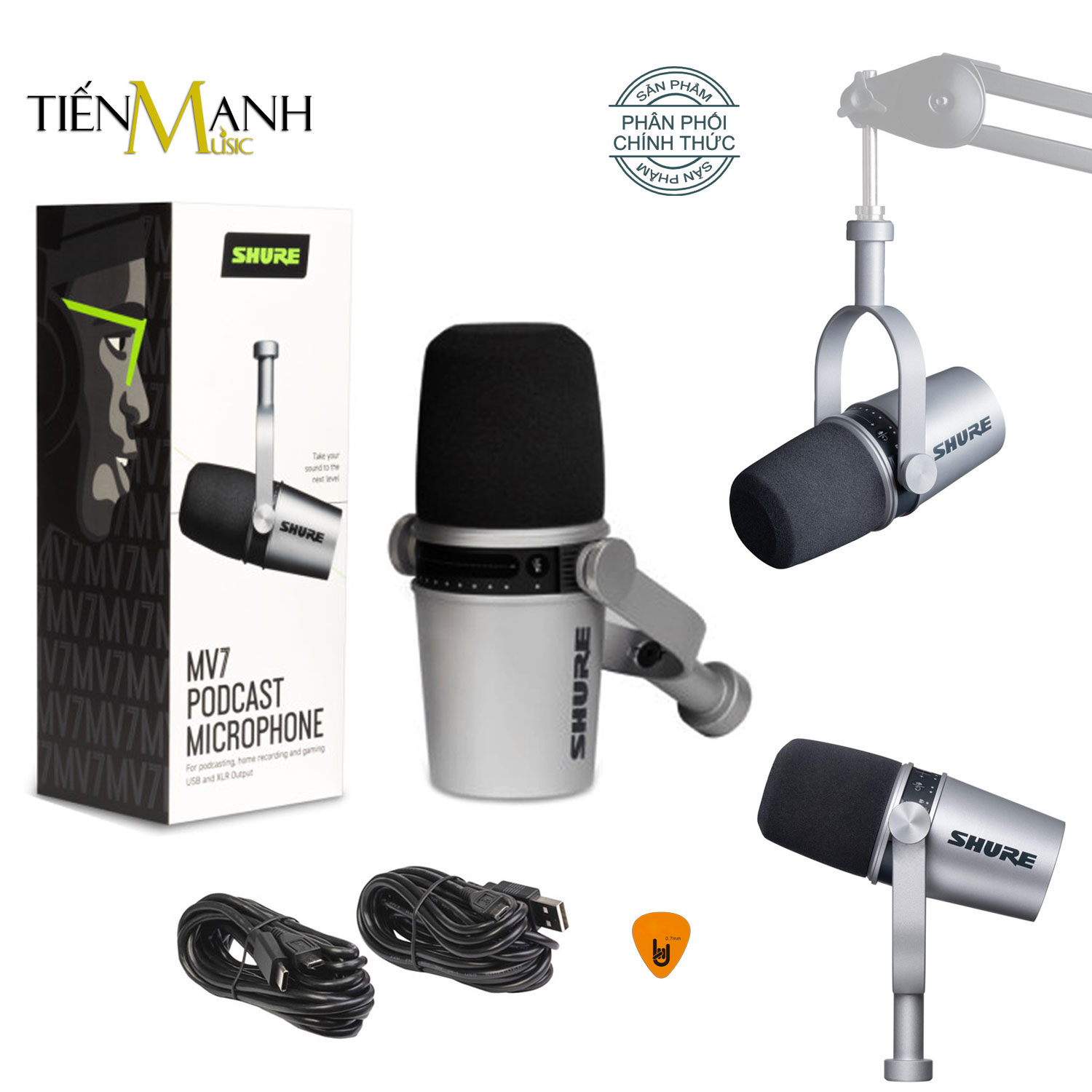 Micro Shure MV7-S (Bạc) - Cổng USB &amp; XLR Livestream Podcast Mic Thu Âm Phòng Thu MV7S Studio Microphone Biểu Diễn Chuyên Nghiệp MV7 Hàng Chính Hãng - Kèm Móng Gẩy DreamMaker