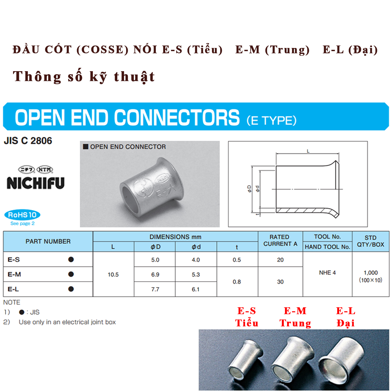Đầu cos Nichifu E-L, Đầu cos nối dây điện E-L, Đầu cos loại Đại Nichifu Nhật Bản