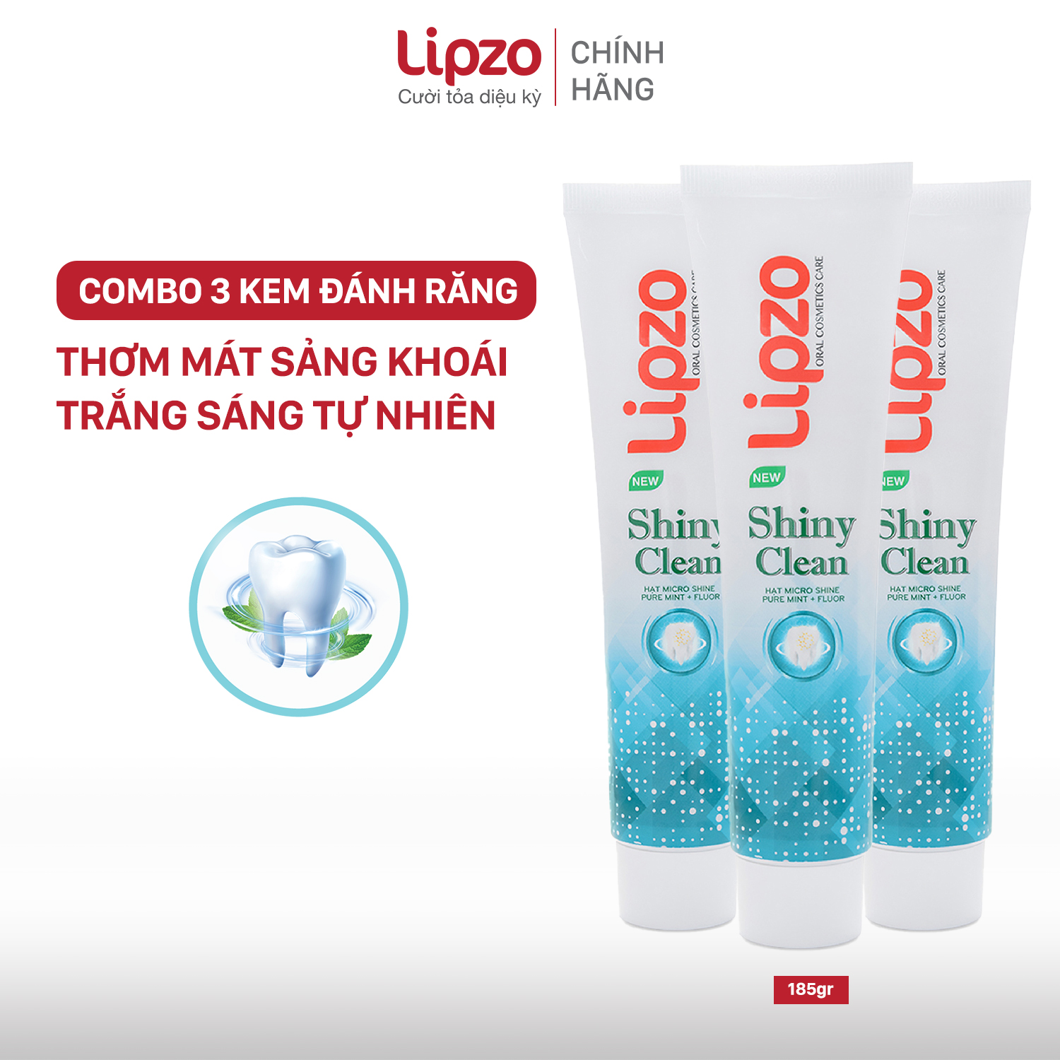 Combo 3 Kem Đánh Răng Lipzo Shiny Clean Vị The Mát Diệt Khuẩn 185g Khử Mùi, Không Bào Mòn Men Răng Từ Khoáng Chất Vỏ Sò