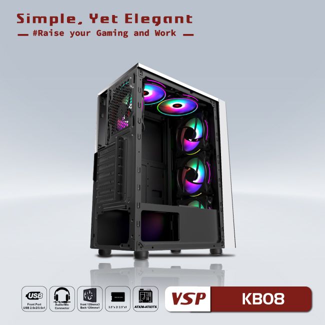 VỎ CASE MÁY TÍNH VSP - ESPORT GAMING KB08 CÓ SẴN LED RGB- JL - HÀNG CHÍNH HÃNG