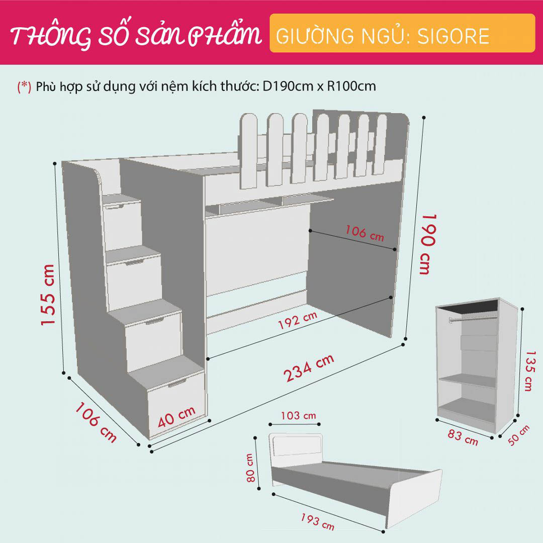 Giường tầng gỗ hiện đại cho bé SMLIFE Sigore  | Gỗ MDF dày 17mm chống ẩm | D234xR106xC190cm