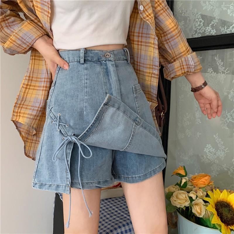 Quần giả váy bò jean ngắn hai lớp cách điệu xẻ tà đan dây phá cách (Có ảnh thật)