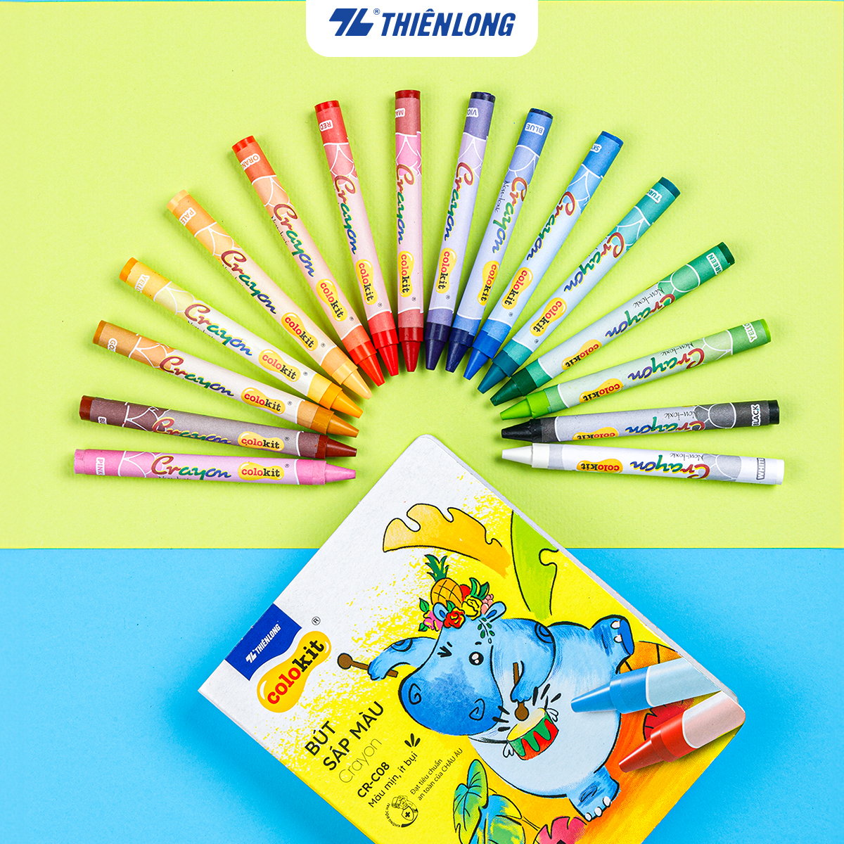 Bút sáp màu Thiên Long Colokit 16 màu mịn, ít bụi, đều màu tiêu chuẩn Châu Âu an toàn cho trẻ em tô màu, vẽ tranh CR-C08