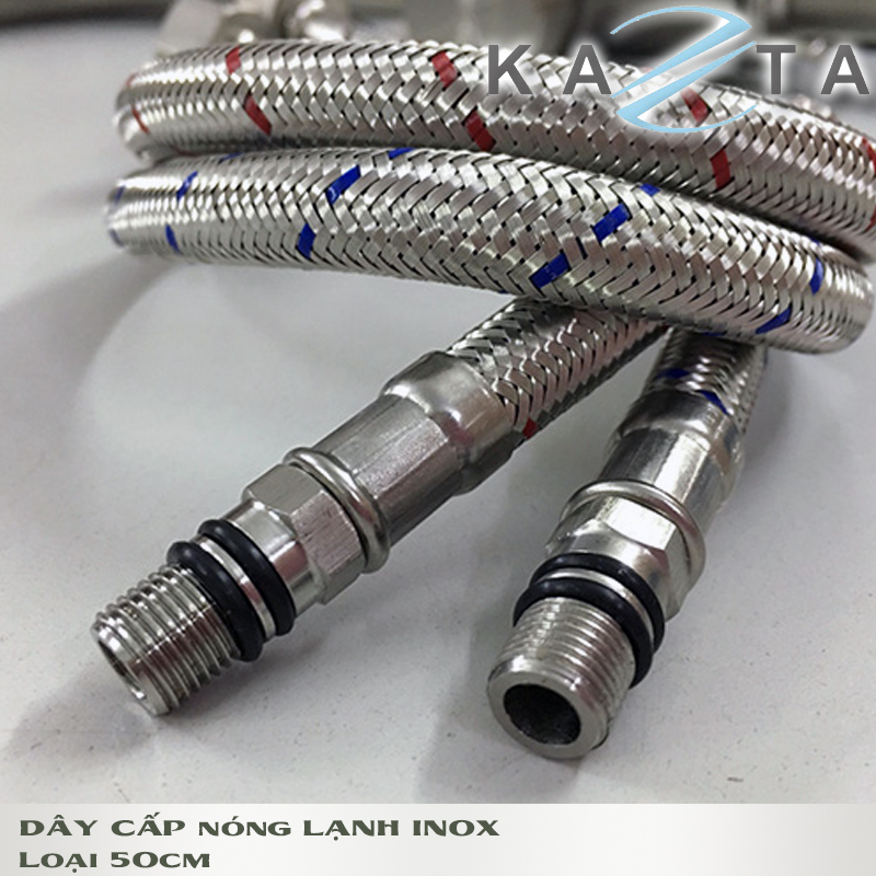Cặp dây cấp nóng lạnh KAZTA KZ-DI50NL inox cao cấp dài 50cm dùng để lắp vòi chén-vòi lavabo nóng lạnh