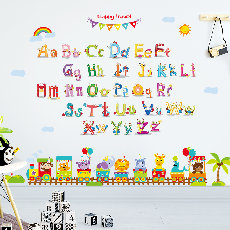 Decal dán tường Chữ cái sắc màu 2 và đoàn tàu thú - HP490